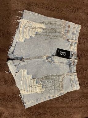 Distressed Light Wash Denim Shorts with Rhinestone Fringe